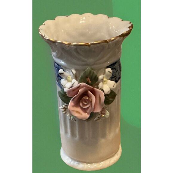 Unbranded Other - Vintage Art Deco Style Gilded Ceramic Vase Accented By A Pink Rose 5 1/2” Mint